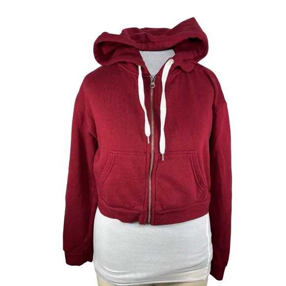 Forever 21 Maroon Crop Zip Up Hoodie Sweater Medium Long Sleeves - Picture 1 of 5